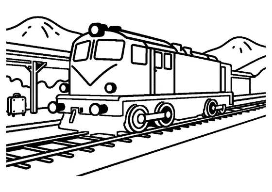 Eine Lokomotive steht am Bahnsteig eines Bergbahnhofs neben einem Koffer und einem Gepäckwagen.