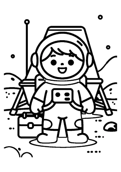Un niño astronauta de pie en la superficie de la Luna junto a un módulo lunar.