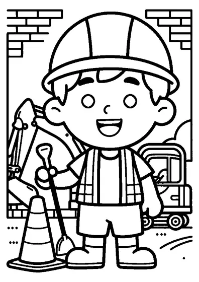 Un joven trabajador de la construcción con casco junto a una miniexcavadora en una obra.