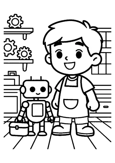 Un joven inventor sonriente está junto al robot caminante que ha construido en un taller con herramientas, engranajes y una ventana.