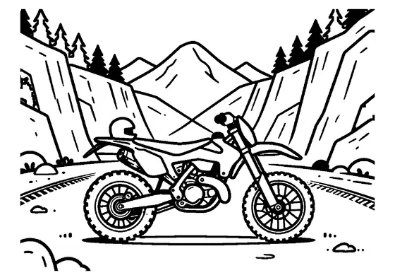 Una moto de motocross sobre un camino de grava en un desfiladero de montaña rocoso.