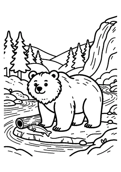 Un oso pardo permanece en la orilla de un río junto a una cascada en el bosque.