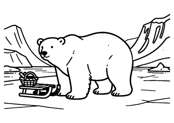 Una lámina para colorear que muestra un gran oso polar de pie sobre un témpano de hielo rodeado de montañas árticas.