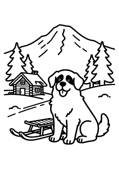 Un perro San Bernardo con un trineo de rescate en una ladera de montaña nevada.