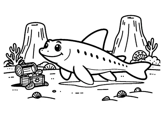 Pagina da colorare con un plesiosauro preistorico che nuota sopra il fondale accanto a una cassa del tesoro.