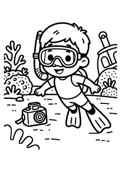 Un niño buceador toma fotografías submarinas junto a un arrecife de coral.