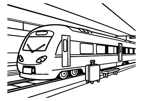Un tren expreso moderno de alta velocidad está junto a un andén cubierto, con una maleta, un banco, cables aéreos y una señal.