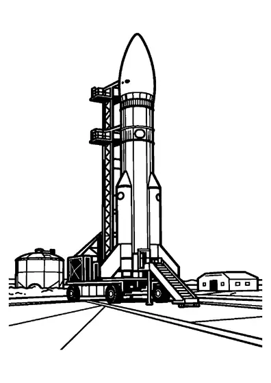 Eine hohe Rakete mit technischer Zugangstreppe vor einem Startturm und einem Raumfahrtzentrum in der Wüste.