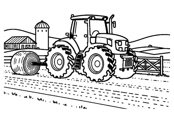 Una lámina para colorear que muestra un tractor arrastrando un arado agrícola por un campo junto a un pajar.