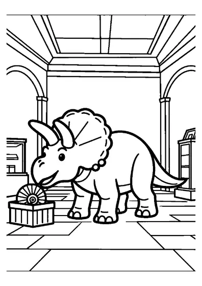 Ein Triceratops-Modell steht im Museum neben einem großen Fossil und einer Forschungskiste.