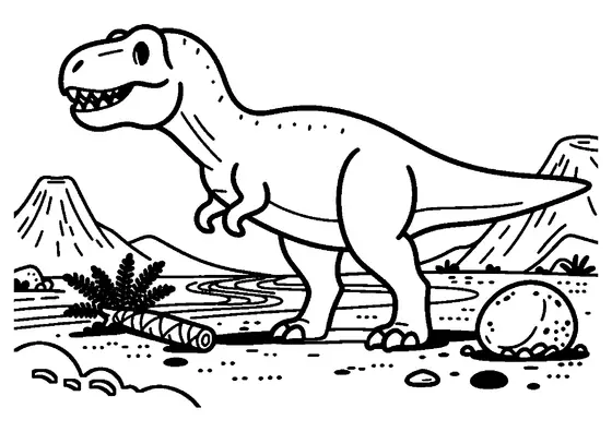 Ein Tyrannosaurus steht in einem Urzeittal neben einem Farnstamm und einem großen Felsen.