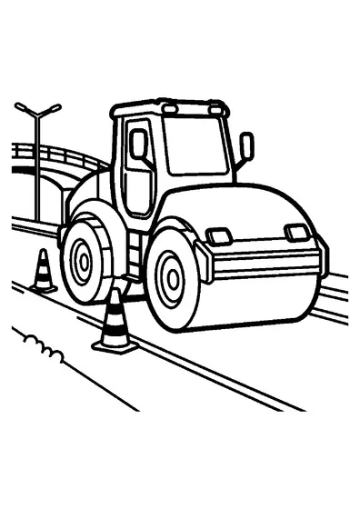 Eine große Straßenwalze neben einer Absperrung und einem Leitkegel, im Hintergrund eine Hochstraße und Laternen.