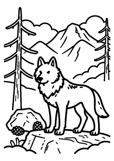 Una lámina para colorear que muestra un lobo gris en una cresta rocosa, con picos de montañas y abetos al fondo.