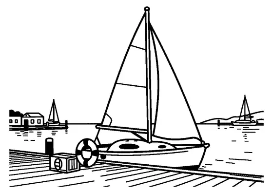 Ein Segelboot liegt im Yachthafen neben einem Rettungsring und einer Kiste mit einem Seil.