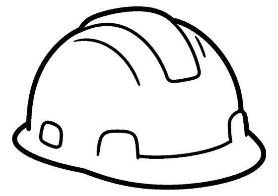 Capacete de construção em perspectiva com casca arredondada e aba, em folha inteira.