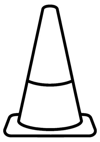 Cone de trânsito à frente com cone alto, faixa e base, em folha inteira.