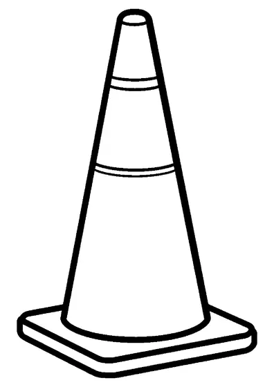 Cone de trânsito em perspectiva com faixa refletora e base, em folha inteira.