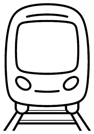Vista frontal de un tren moderno sobre las vías, con un gran parabrisas y faros, para que los niños lo coloreen con lápices.