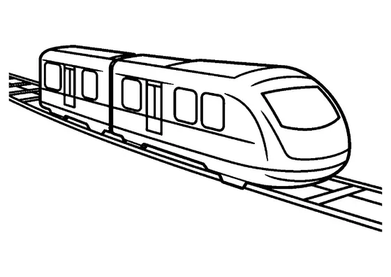 Tren de levitación magnética sobre un viaducto, con cabina aerodinámica y puertas de pasajeros fáciles de colorear.