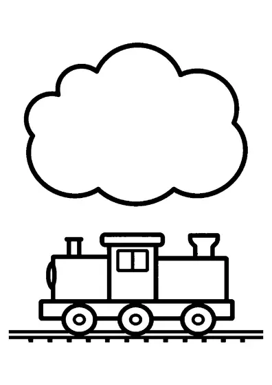 Un pequeño tren de parque avanza por las vías bajo una gran nube esponjosa, con contornos gruesos y amplios espacios para colorear.