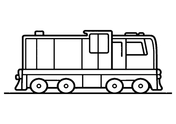 Locomotora de batería dibujada con contornos negros y grandes espacios blancos en los laterales, la cabina y las ruedas para colorear.
