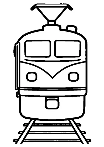 Locomotiva elétrica vista de frente nos carris, com pantógrafo no topo e grandes janelas frontais para colorir