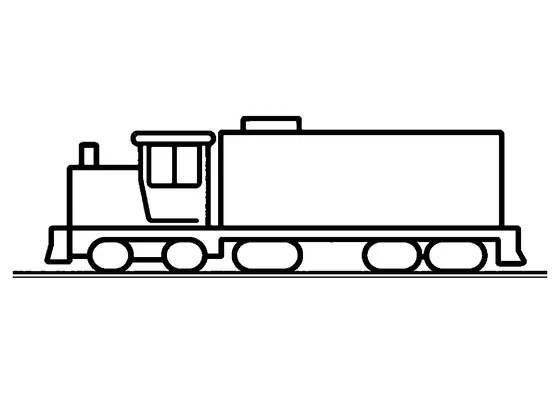 A folha de colorir mostra uma locomotiva mineira em carris com baixa cabine, grande contentor e contornos claros para colorir com lápis de cor.
