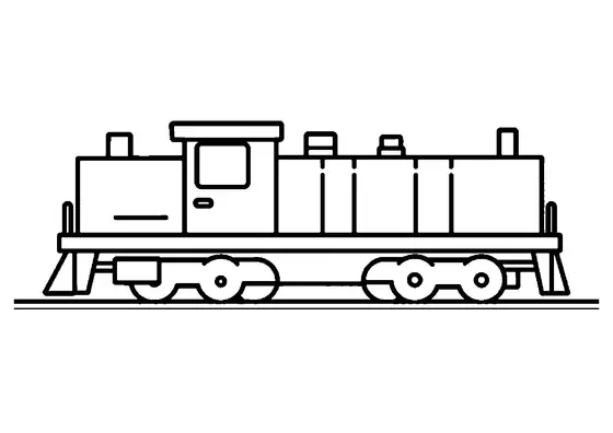 A locomotiva de manobras está em um trilho ferroviário reto, com uma grande cabine do maquinista e rodas que dão campos confortáveis para colorir.