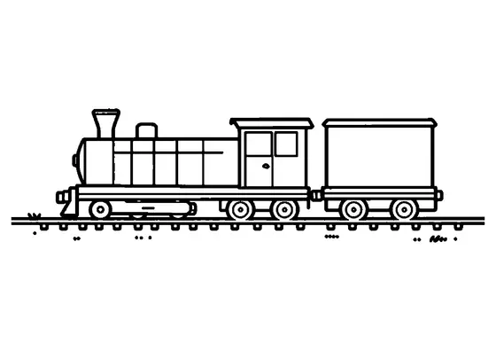 A folha de colorir mostra uma pequena locomotiva de via estreita com um vagão de mercadorias em carris, com grandes áreas ideais para colorir para crianças.