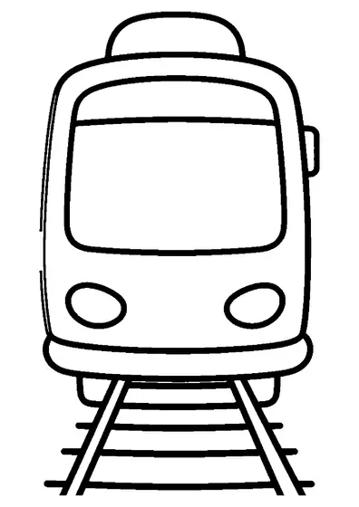 Tren de metro visto de frente sobre las vías, con grandes parabrisas y faros que ofrecen cómodas zonas para colorear.