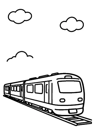 Tren regional circulando por las vías bajo varias nubes, con grandes ventanas y contornos fáciles de colorear para los niños.