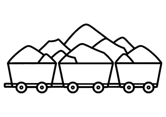 Tren minero con tres vagonetas llenas de sal sobre las vías, con zonas sencillas y bien definidas para colorear.
