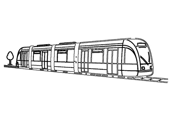 Tranvía articulado con grandes ventanas y puertas, circulando por unas vías urbanas junto a un árbol pequeño, listo para colorear.