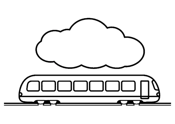 Moderno tren automotor circulando por las vías bajo una gran nube, con ventanas despejadas y contornos definidos para que los niños coloreen.