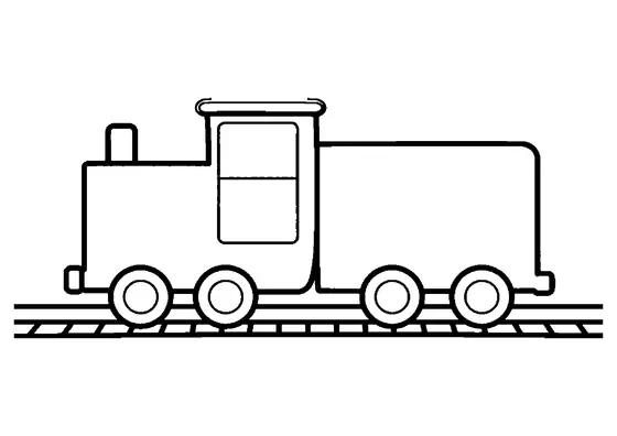 Tractor ferroviario con un vagón rectangular circulando por las vías. Dibujo sencillo con zonas grandes y despejadas para colorear.
