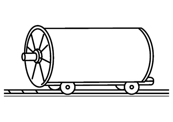 Vagón de tren con una gran bobina de cable sobre las vías, contornos sencillos y amplios espacios despejados para colorear.