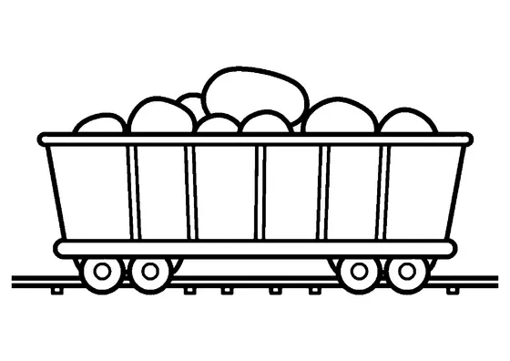 Vagón tolva sobre las vías cargado de grandes piedras, con contornos despejados y amplias zonas ideales para colorear.