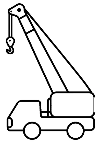 Camion com guindaste com gancho levantado e braço extensível sobre o chassi de um camião para colorir para crianças.