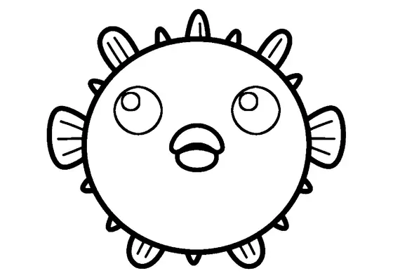O peixe-balão inflado tem um corpo redondo com espinhos, olhos grandes e nadadeiras, e os campos limpos são fáceis de colorir.