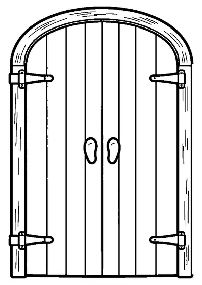 Grande porte en bois sans inscription ni vitres décoratives.