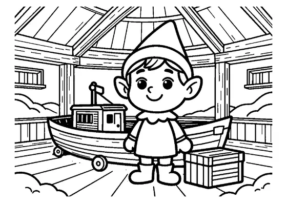 Ein Elf steht neben einer großen Holzfähre in einer Halle voller Spielzeug.