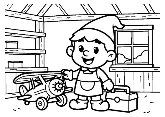 A smiling elf standing next to a large wooden airplane on a toy workbench.