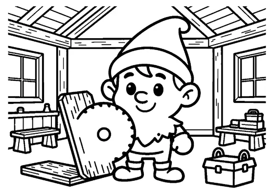 An elf stands next to a large, safely guarded circular saw in a wooden toy workshop.