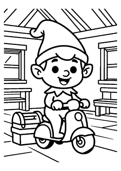 A cheerful elf standing next to a large wooden toy scooter and a toolbox in a workshop.