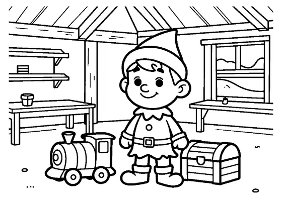 An elf stands next to a large wooden locomotive on a low workbench.