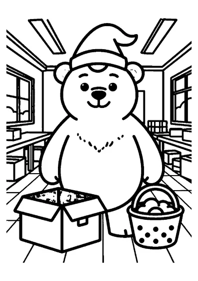 An elf stands near a large polar bear plush toy in the holiday packing room.
