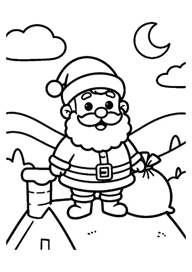 O Pai Natal está sentado ao lado de uma chaminé grande e um saco enorme no telhado de neve de uma casa.