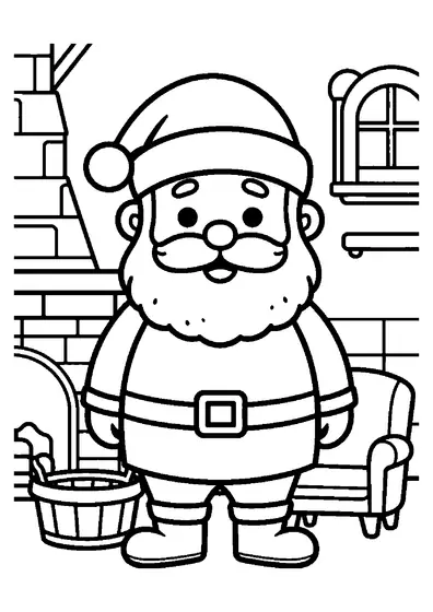 Santa Claus stands by a fireplace and a large basket of firewood in a cozy workshop.
