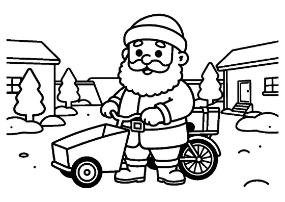 Der Weihnachtsmann steht bei einem großen Lastenrad in einem verschneiten Hof.