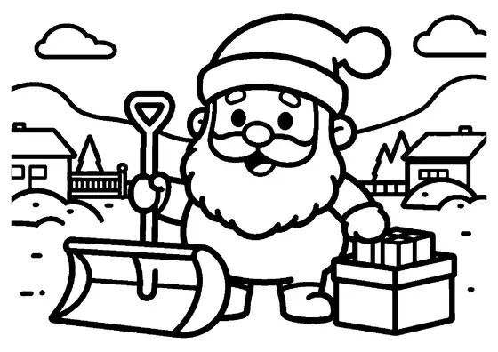 Santa Claus stands beside a large snowplow in the workshop courtyard.